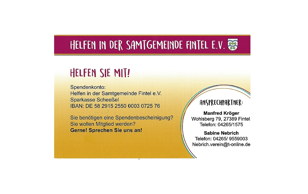 Visitenkarte vom Verein Helfen in der Samtgemeinde Fintel e.V. Vorderseite © Samtgemeinde Fintel